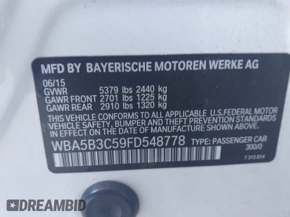 ✅ 2015 BMW 5 Series 535i xDrive • VIN: WBA5B3C59FD548778 • Lot: 43380053. Listed on IAAI with 135,001 mi. Free auction sales archive from the USA and detailed vehicle history report at DreamBid. Image 9.