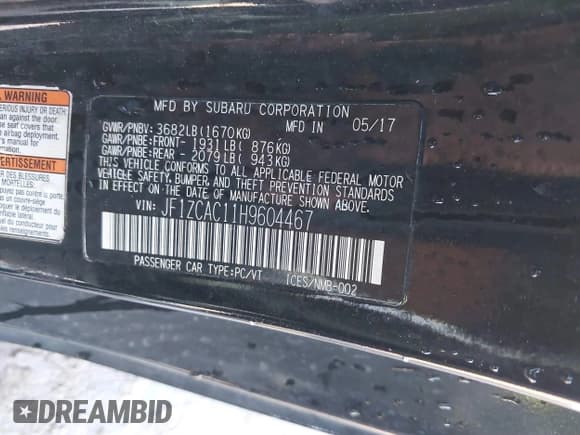 ✅ 2017 Subaru BRZ Limited • VIN: JF1ZCAC11H9604467 • Лот: 41037520. Опубликован ранее на IAAI с пробегом 64 014 миль. Бесплатный доступ к архиву аукционных продаж из США и подробный отчёт об истории автомобиля на DreamBid. Изображение 9.