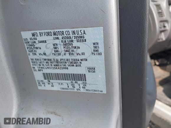 ✅ 2005 Ford Escape XLT • VIN: 1FMCU93125KA25998 • Lot: 42413196. Listed on IAAI with 192,490 mi. Free auction sales archive from the USA and detailed vehicle history report at DreamBid. Image 9.