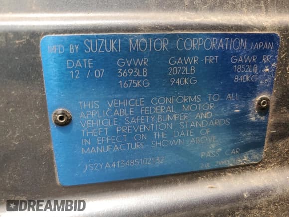✅ 2008 Suzuki SX4 Regional Edition • VIN: JS2YA413485102132 • Lot: 58973865. Listed on Copart with 231,027 mi. Free auction sales archive from the USA and detailed vehicle history report at DreamBid. Image 13.