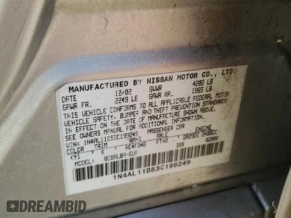 ✅ 2003 Nissan Altima S • VIN: 1N4AL11D53C199249 • Лот: 68496824. Опубликован ранее на Copart с пробегом 155 933 миль. Бесплатный доступ к архиву аукционных продаж из США и подробный отчёт об истории автомобиля на DreamBid. Изображение 12.