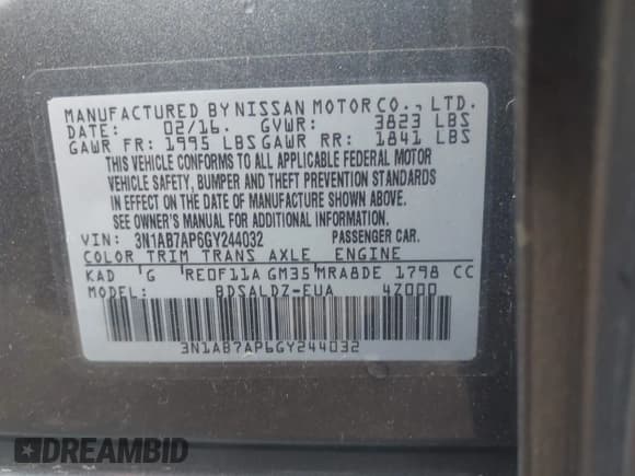 ✅ 2016 Nissan Sentra SL • VIN: 3N1AB7AP6GY244032 • Lot: 42684941. Listed on IAAI with 127,829 mi. Free auction sales archive from the USA and detailed vehicle history report at DreamBid. Image 9.