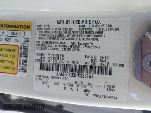 ✅ 2017 Ford Fusion Hybrid Titanium • VIN: 3FA6P0RU3HR323164 • Lot: 42303571. Listed on IAAI with 119,732 mi. Free auction sales archive from the USA and detailed vehicle history report at DreamBid. Image 9.