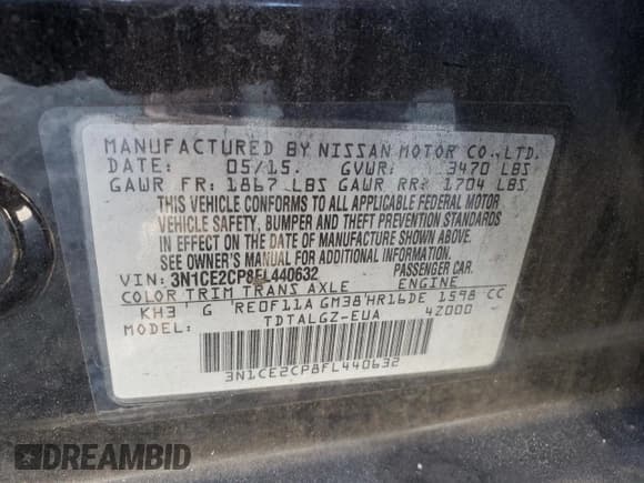 ✅ 2015 Nissan Note SR • VIN: 3N1CE2CP8FL440632 • Lot: 69583085. Listed on Copart with 115,473 mi. Free auction sales archive from the USA and detailed vehicle history report at DreamBid. Image 12.