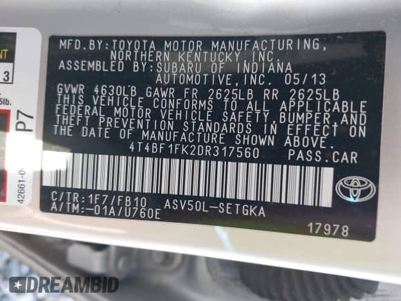 2013 Toyota Camry L с VIN 4T4BF1FK2DR317560, выставлен на аукционе IAAI как лот 43256662 с пробегом 173 939 миль миль и . История ставок и продаж доступна на DreamBid. Изображение 9.
