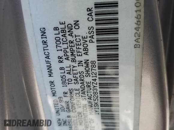 ✅ 2000 Chevrolet Prizm • VIN: 1Y1SK5283YZ412788 • Lot: 63516155. Listed on Copart with Not provided. Free auction sales archive from the USA and detailed vehicle history report at DreamBid. Image 12.