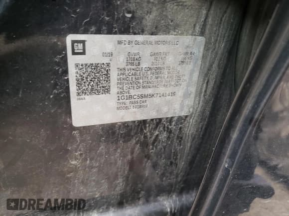 ✅ 2019 Chevrolet Cruze LS • VIN: 1G1BC5SM5K7141419 • Lot: 45733063. Listed on Copart with 107,706 mi. Free auction sales archive from the USA and detailed vehicle history report at DreamBid. Image 12.