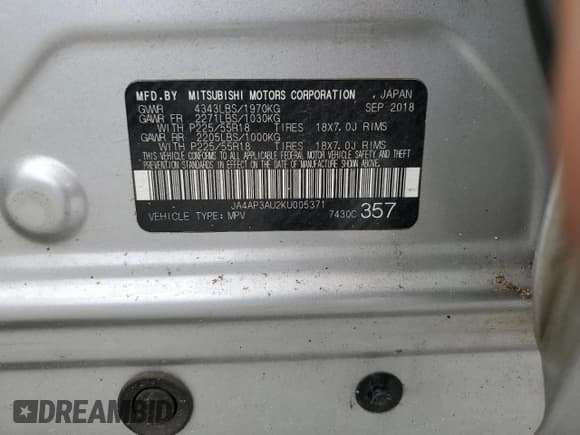 ✅ 2019 Mitsubishi Outlander ES • VIN: JA4AP3AU2KU005371 • Lot: 59728585. Listed on Copart with 142,696 mi. Free auction sales archive from the USA and detailed vehicle history report at DreamBid. Image 13.