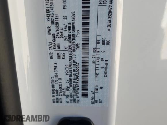 ✅ 2023 Ford F-150 XLT • VIN: 1FTFW1E8XPFA92237 • Лот: 87226965. Опубликован ранее на Copart с пробегом 54 834 миль. Бесплатный доступ к архиву аукционных продаж из США и подробный отчёт об истории автомобиля на DreamBid. Изображение 12.