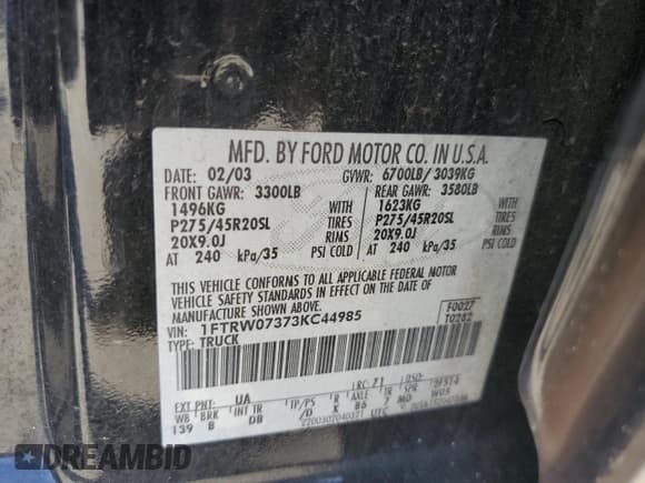 ✅ 2003 Ford F-150 Harley-Davidson • VIN: 1FTRW07373KC44985 • Lot: 58571585. Listed on Copart with 202,249 mi. Free auction sales archive from the USA and detailed vehicle history report at DreamBid. Image 12.