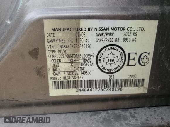 ✅ 2005 Nissan Maxima SE • VIN: 1N4BA41E75C840196 • Lot: 62430435. Listed on Copart with 204,814 mi. Free auction sales archive from the USA and detailed vehicle history report at DreamBid. Image 12.