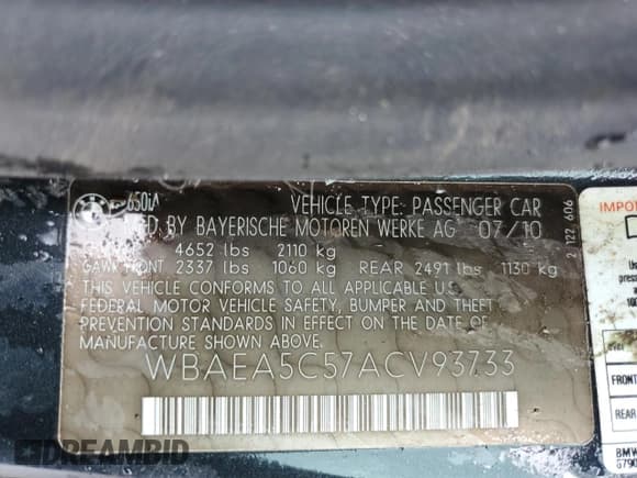 ✅ 2010 BMW 6 Series 650i • VIN: WBAEA5C57ACV93733 • Lot: 69116005. Listed on Copart with Not provided. Free auction sales archive from the USA and detailed vehicle history report at DreamBid. Image 12.