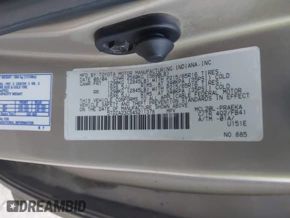 ✅ 2004 Toyota Sienna CE • VIN: 5TDZA23C54S211378 • Lot: 43638235. Wystawiony na IAAI z przebiegiem 138 827 mil. Bezpłatny archiwum sprzedaży aukcyjnych z USA i szczegółowy raport historii pojazdu na DreamBid. Zdjęcie 9.