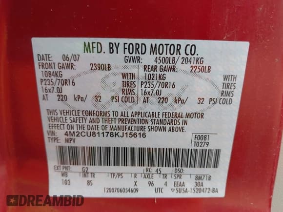 ✅ 2008 Mercury Mariner • VIN: 4M2CU81178KJ15616 • Лот: 42166858. Опубликован ранее на IAAI с пробегом 187 444 миль. Бесплатный доступ к архиву аукционных продаж из США и подробный отчёт об истории автомобиля на DreamBid. Изображение 9.