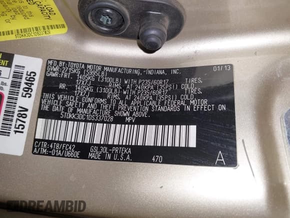 ✅ 2013 Toyota Sienna LE • VIN: 5TDKK3DC1DS337028 • Lot: 43670575. Listed on IAAI with 136,557 mi. Free auction sales archive from the USA and detailed vehicle history report at DreamBid. Image 9.