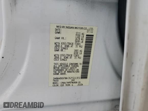 ✅ 2011 Nissan Titan SL • VIN: 1N6BA0ED7BN325135 • Lot: 56690965. Listed on Copart with 137,627 mi. Free auction sales archive from the USA and detailed vehicle history report at DreamBid. Image 12.