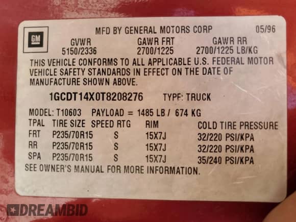 1996 Chevrolet S-10 LS с VIN 1GCDT14X0T8208276, выставлен на аукционе Copart как лот 57578095 с пробегом 231 275 миль миль и Списание • Salvage title. История ставок и продаж доступна на DreamBid. Изображение 12.