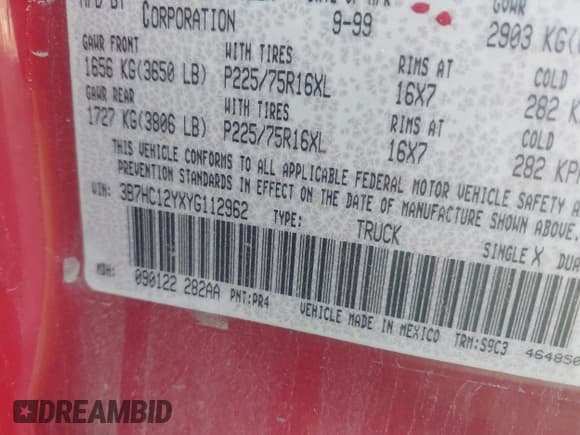 ✅ 2000 Dodge 1500 • VIN: 3B7HC12YXYG112962 • Lot: 43635070. Listed on IAAI with Not provided. Free auction sales archive from the USA and detailed vehicle history report at DreamBid. Image 9.