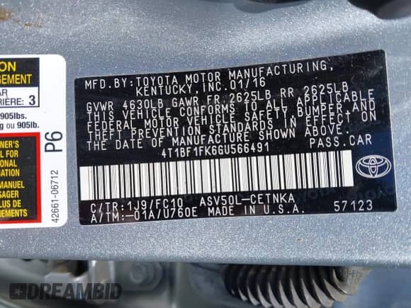 2016 Toyota Camry SE with VIN 4T1BF1FK6GU566491, listed as a IAAI auction lot 43122553 with 34,453 mi miles and . Bid and sale history available at DreamBid. Image 9.