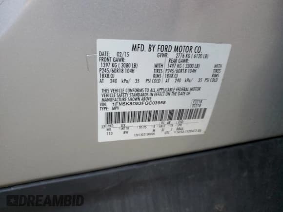 ✅ 2015 Ford Explorer XLT • VIN: 1FM5K8D83FGC03958 • Lot: 91534865. Listed on Copart with 162,936 mi. Free auction sales archive from the USA and detailed vehicle history report at DreamBid. Image 13.