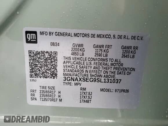 2025 Chevrolet Equinox AWD ACTIV с VIN 3GNAXSEG9SL131037, выставлен на аукционе Copart как лот 50828135 с пробегом 2 064 миль миль и Списание • Salvage title. История ставок и продаж доступна на DreamBid. Изображение 13.