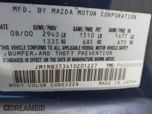 ✅ 2001 Mazda MX-5 Miata • VIN: JM1NB353410201227 • Lot: 43656211. Listed on IAAI with 123,150 mi. Free auction sales archive from the USA and detailed vehicle history report at DreamBid. Image 9.