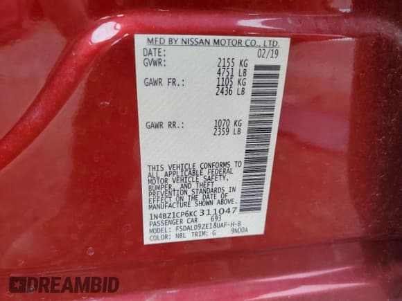 ✅ 2019 Nissan LEAF SL Plus • VIN: 1N4BZ1CP6KC311047 • Lot: 87394185. Listed on Copart with 50,728 mi. Free auction sales archive from the USA and detailed vehicle history report at DreamBid. Image 12.