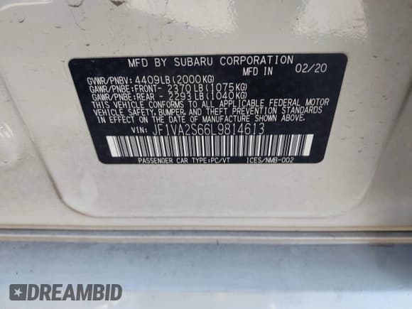 ✅ 2020 Subaru WRX STI • VIN: JF1VA2S66L9814613 • Lot: 41671159. Listed on IAAI with 36,358 mi. Free auction sales archive from the USA and detailed vehicle history report at DreamBid. Image 9.