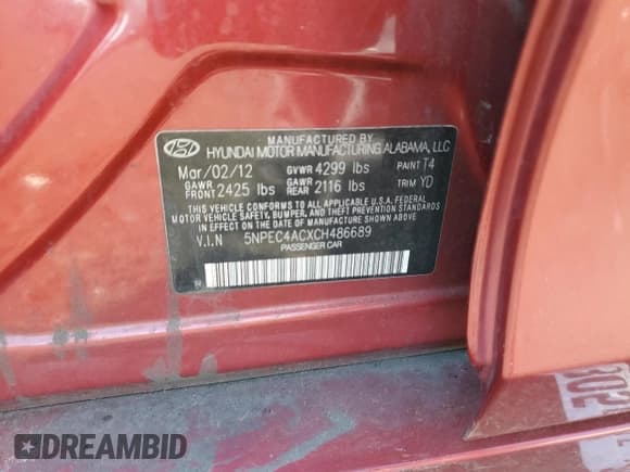 ✅ 2012 Hyundai Sonata Limited • VIN: 5NPEC4ACXCH486689 • Лот: 85666715. Опубликован ранее на Copart с пробегом Не указан. Бесплатный доступ к архиву аукционных продаж из США и подробный отчёт об истории автомобиля на DreamBid. Изображение 12.