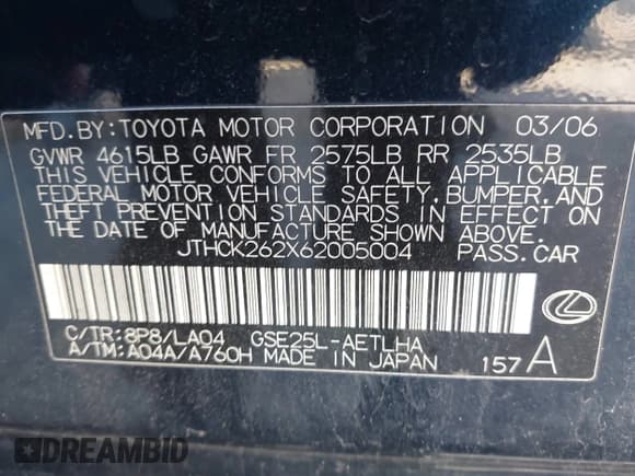 ✅ 2006 Lexus IS 250 • VIN: JTHCK262X62005004 • Lot: 43731186. Listed on IAAI with 264,000 mi. Free auction sales archive from the USA and detailed vehicle history report at DreamBid. Image 9.