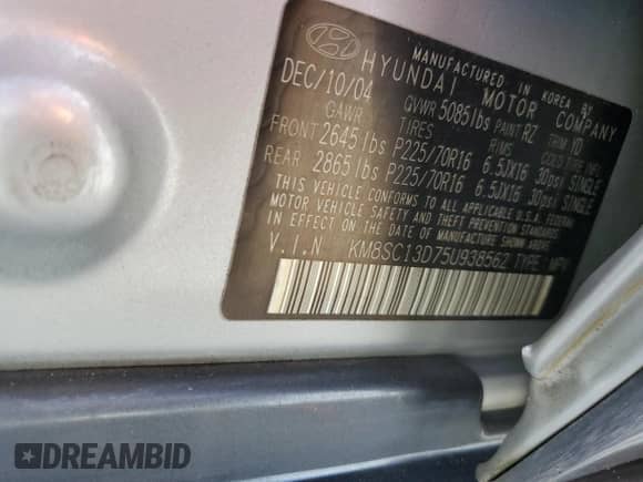 2005 Hyundai Santa Fe GLS с VIN KM8SC13D75U938562, выставлен на аукционе Copart как лот 90033955 с пробегом 106 955 миль миль и На запчасти • Non repairable. История ставок и продаж доступна на DreamBid. Изображение 12.