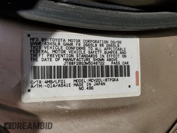 ✅ 1998 Lexus ES 300 • VIN: JT8BF28G3W5048722 • Lot: 56259625. Listed on Copart with 261,945 mi. Free auction sales archive from the USA and detailed vehicle history report at DreamBid. Image 13.