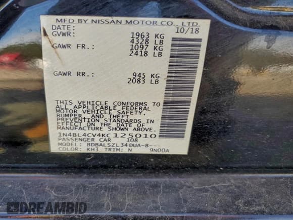 ✅ 2019 Nissan Altima SR • VIN: 1N4BL4CV4KC125010 • Lot: 94240525. Wystawiony na Copart z przebiegiem 191 235 mil. Bezpłatny archiwum sprzedaży aukcyjnych z USA i szczegółowy raport historii pojazdu na DreamBid. Zdjęcie 12.