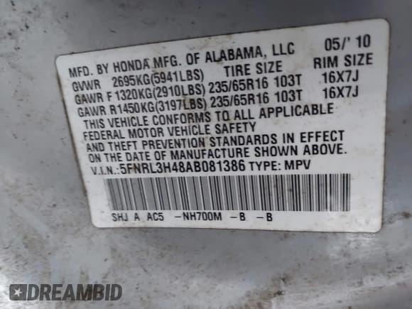 ✅ 2010 Honda Odyssey EX • VIN: 5FNRL3H48AB081386 • Lot: 43541186. Listed on IAAI with 253,106 mi. Free auction sales archive from the USA and detailed vehicle history report at DreamBid. Image 9.