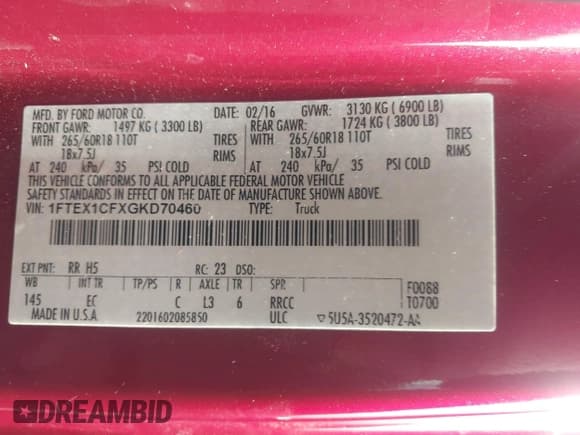 ✅ 2016 Ford F-150 XL • VIN: 1FTEX1CFXGKD70460 • Лот: 42460084. Опубликован ранее на IAAI с пробегом 88 742 миль. Бесплатный доступ к архиву аукционных продаж из США и подробный отчёт об истории автомобиля на DreamBid. Изображение 9.