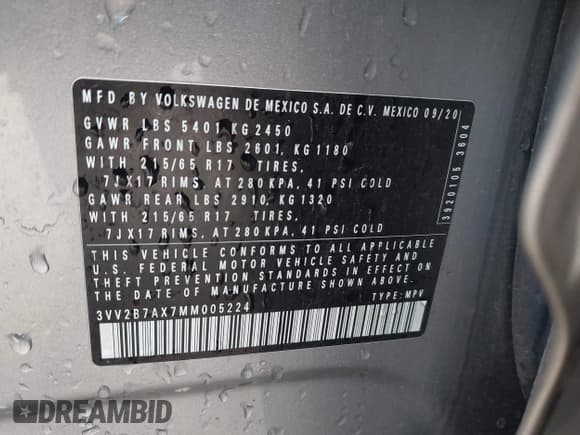 ✅ 2021 Volkswagen Tiguan SE • VIN: 3VV2B7AX7MM005224 • Lot: 42337356. Wystawiony na IAAI z przebiegiem 84 652 mil. Bezpłatny archiwum sprzedaży aukcyjnych z USA i szczegółowy raport historii pojazdu na DreamBid. Zdjęcie 9.