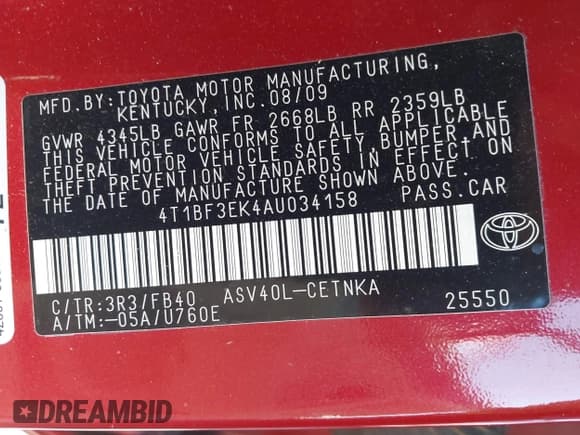 ✅ 2010 Toyota Camry LE • VIN: 4T1BF3EK4AU034158 • Lot: 43726822. Listed on IAAI with 231,659 mi. Free auction sales archive from the USA and detailed vehicle history report at DreamBid. Image 9.