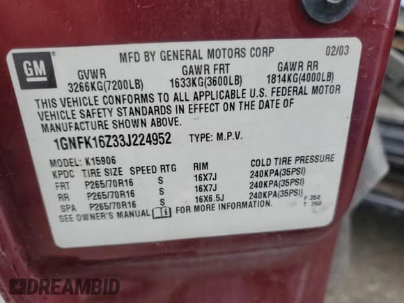 ✅ 2003 Chevrolet Suburban LT • VIN: 1GNFK16Z33J224952 • Лот: 45031235. Опубликован ранее на Copart с пробегом Не указан. Бесплатный доступ к архиву аукционных продаж из США и подробный отчёт об истории автомобиля на DreamBid. Изображение 14.