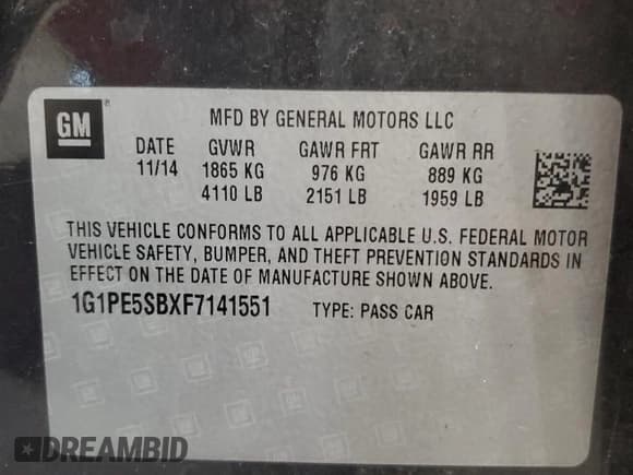 ✅ 2015 Chevrolet Cruze LT • VIN: 1G1PE5SBXF7141551 • Lot: 55777415. Listed on Copart with 126,726 mi. Free auction sales archive from the USA and detailed vehicle history report at DreamBid. Image 13.