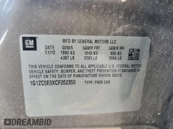 ✅ 2012 Chevrolet Malibu 1LT • VIN: 1G1ZC5E0XCF262350 • Lot: 82214034. Listed on Copart with 178,270 mi. Free auction sales archive from the USA and detailed vehicle history report at DreamBid. Image 12.