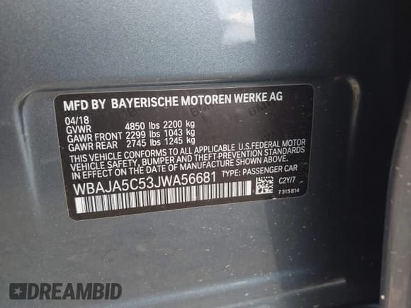 ✅ 2018 BMW 5 Series 530i • VIN: WBAJA5C53JWA56681 • Lot: 42267737. Listed on IAAI with 39,950 mi. Free auction sales archive from the USA and detailed vehicle history report at DreamBid. Image 9.