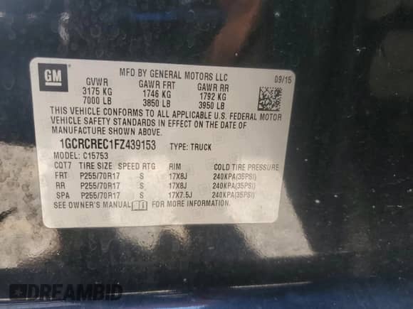 2015 Chevrolet Silverado 1500 LT with VIN 1GCRCREC1FZ439153, listed as a Copart auction lot 85944105 with 196,972 mi miles and Salvage title. Bid and sale history available at DreamBid. Image 13.