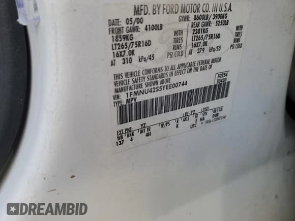 ✅ 2000 Ford Excursion Limited • VIN: 1FMNU42S5YEE00744 • Lot: 87309684. Wystawiony na Copart z przebiegiem 273 986 mil. Bezpłatny archiwum sprzedaży aukcyjnych z USA i szczegółowy raport historii pojazdu na DreamBid. Zdjęcie 12.