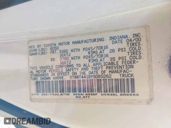 ✅ 2000 Toyota Tundra SR5 • VIN: 5TBBT4418YS085262 • Lot: 43402909. Listed on IAAI with 202,224 mi. Free auction sales archive from the USA and detailed vehicle history report at DreamBid. Image 9.
