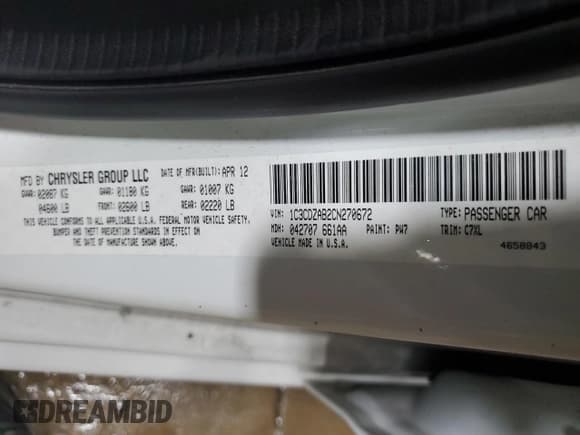 ✅ 2012 Dodge Avenger SE • VIN: 1C3CDZAB2CN270672 • Lot: 46698655. Listed on Copart with 102,001 mi. Free auction sales archive from the USA and detailed vehicle history report at DreamBid. Image 12.