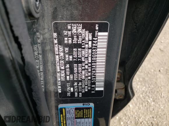 ✅ 2011 Hyundai Santa Fe Limited • VIN: 5XYZK3AB1BG087844 • Lot: 66392555. Listed on Copart with 258,158 mi. Free auction sales archive from the USA and detailed vehicle history report at DreamBid. Image 13.