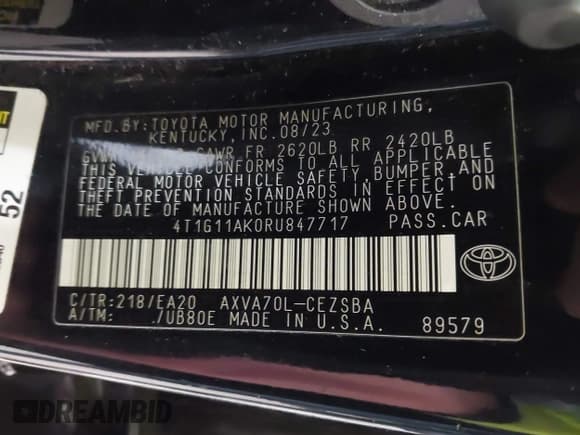 ✅ 2024 Toyota Camry SE • VIN: 4T1G11AK0RU847717 • Lot: 43733608. Listed on IAAI with 44,896 mi. Free auction sales archive from the USA and detailed vehicle history report at DreamBid. Image 9.