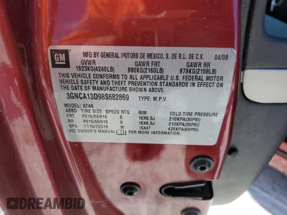 ✅ 2008 Chevrolet HHR LS • VIN: 3GNCA13D98S682869 • Lot: 44968455. Listed on Copart with 164,775 mi. Free auction sales archive from the USA and detailed vehicle history report at DreamBid. Image 12.