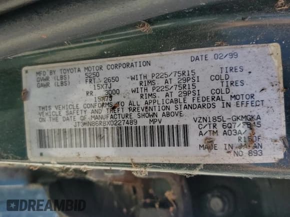 ✅ 1999 Toyota 4Runner SR5 • VIN: JT3HN86R8X0227489 • Lot: 59240735. Listed on Copart with Not provided. Free auction sales archive from the USA and detailed vehicle history report at DreamBid. Image 13.