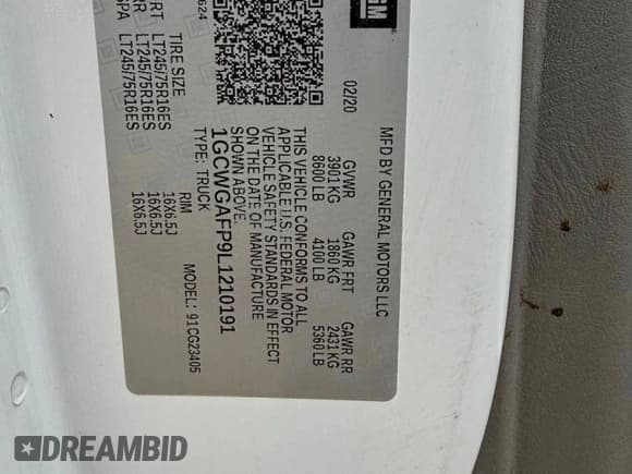 ✅ 2020 Chevrolet Express Cargo • VIN: 1GCWGAFP9L1210191 • Lot: 94977915. Listed on Copart with 180,894 mi. Free auction sales archive from the USA and detailed vehicle history report at DreamBid. Image 10.